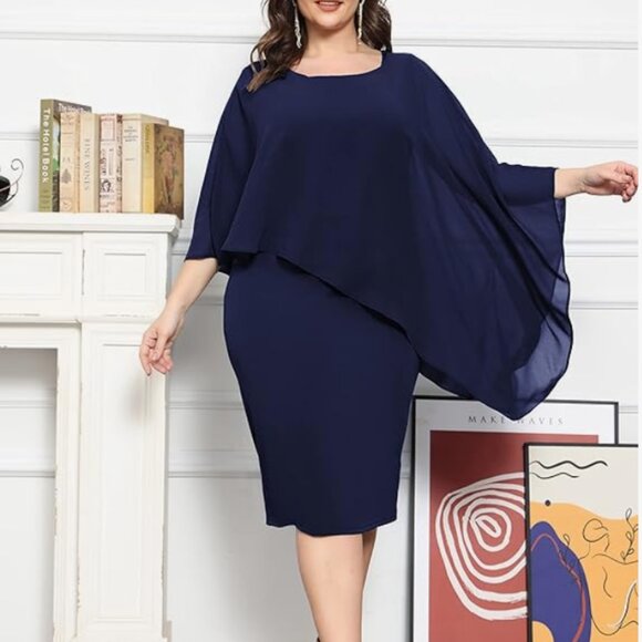 KIMCURVY Plus Size Cape Pencil Dress with Chiffon Overlay Midi Dress (Navy, 20W) - Picture 3 of 5